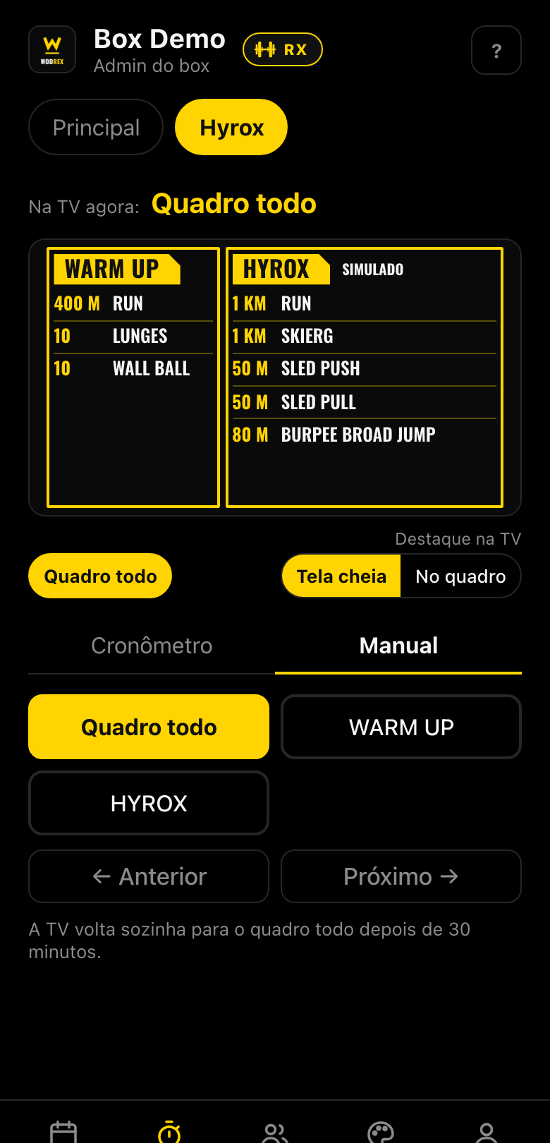 A aba Aula com o seletor Principal e Hyrox, no Hyrox: a prévia do treino e os blocos para destacar
