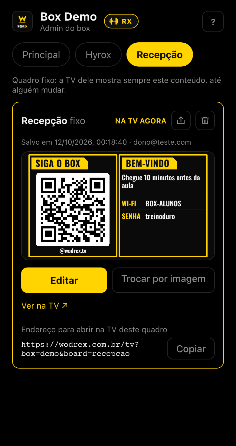 O quadro Recepção no celular: o conteúdo com QR code e Wi-Fi, Editar, Ver na TV e o endereço da TV