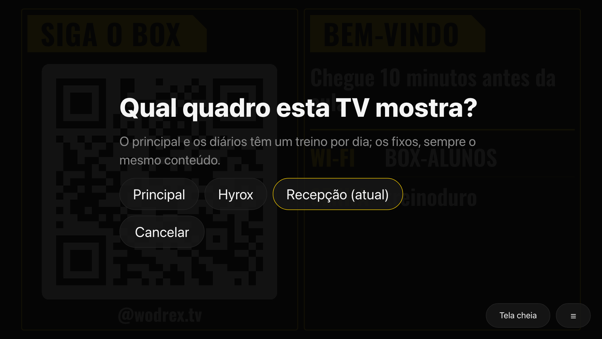 A pergunta “Qual quadro esta TV mostra?” com Principal, Hyrox e Recepção