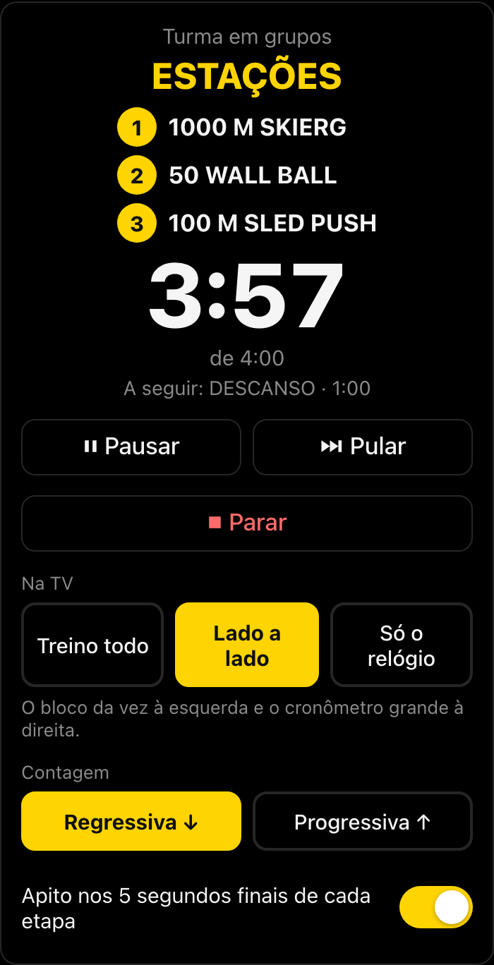 O cronômetro no celular: Turma em grupos, cada grupo com a sua estação, e o relógio