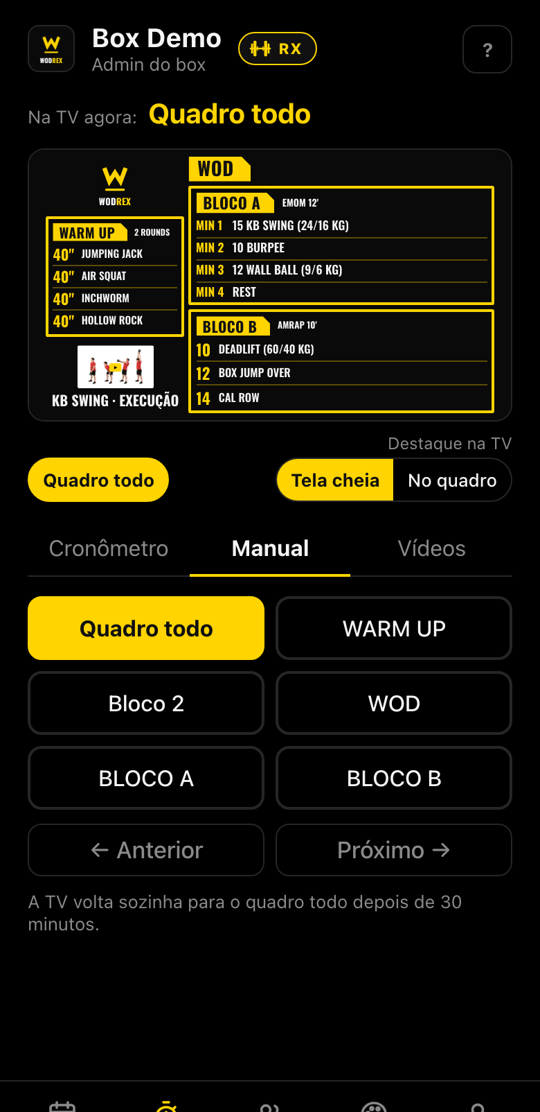 A aba Aula: prévia do treino, Quadro todo e os botões de cada bloco