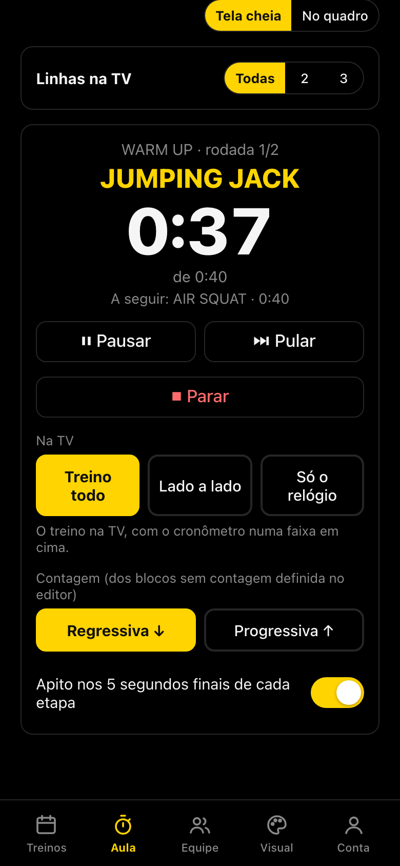 O cronômetro rodando no celular: a etapa, a rodada, o relógio e os botões Pausar, Pular e Parar