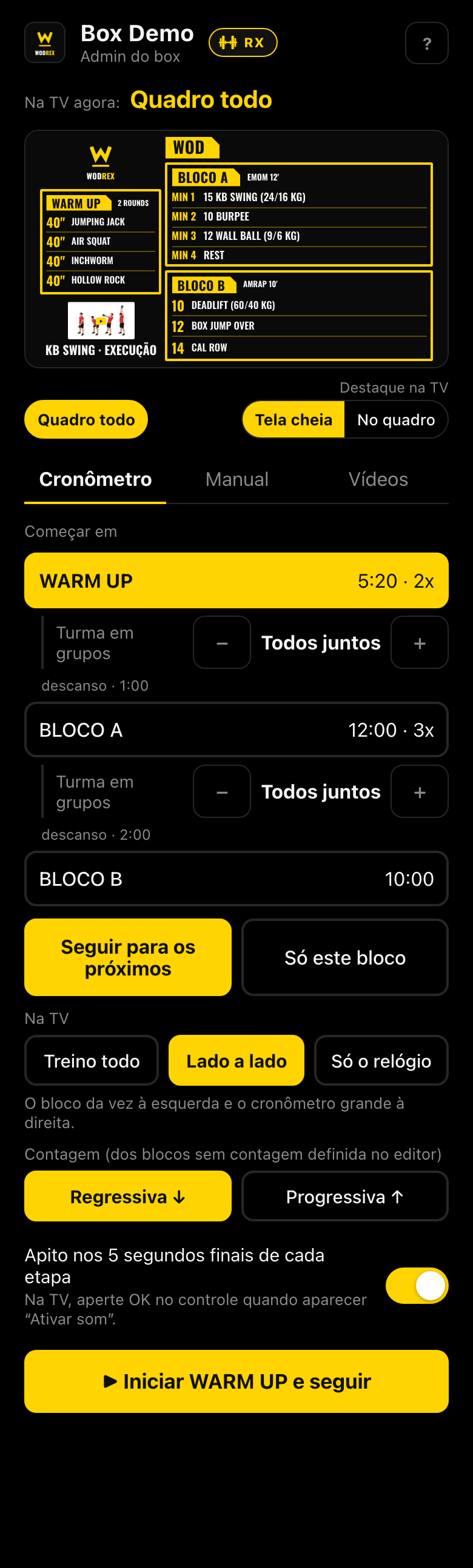 Aba Cronômetro: blocos com tempo, opções de TV, contagem, apito e o botão Iniciar