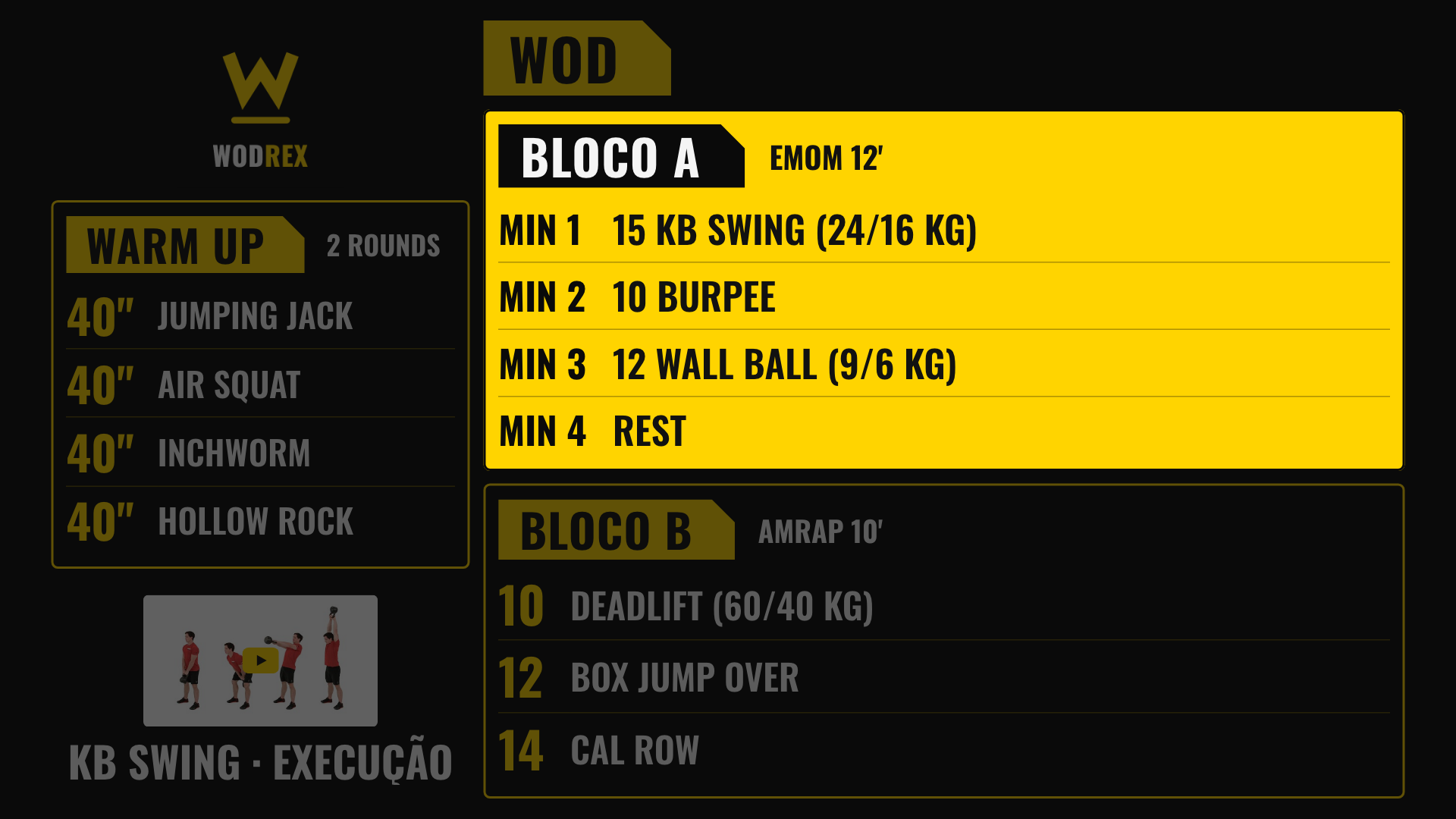 A TV com o treino todo e o Bloco A destacado na cor do box