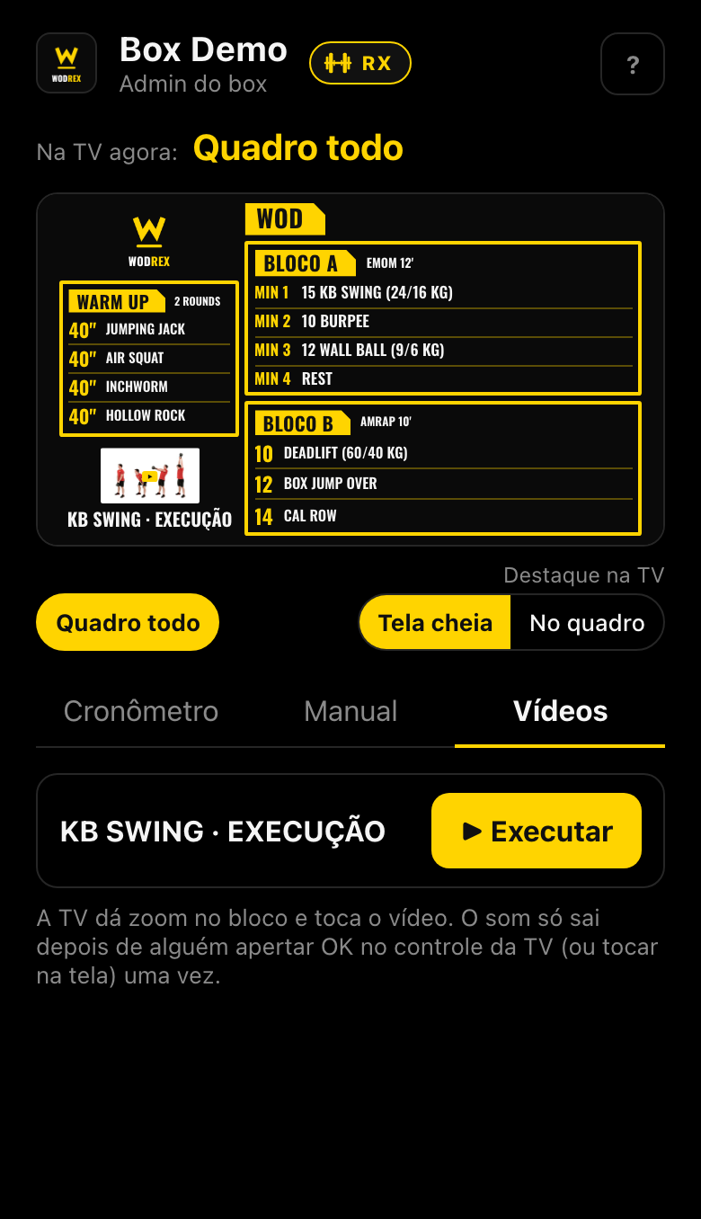 Aba Vídeos com o vídeo do KB swing e o botão Executar