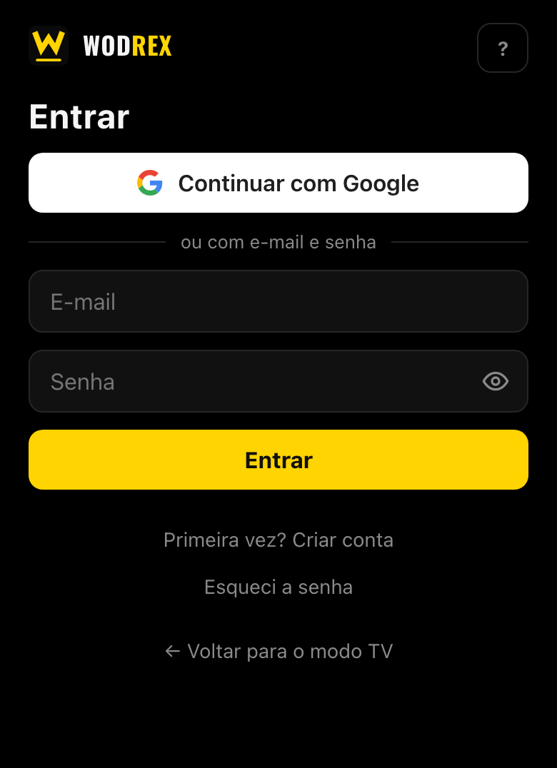 Tela de entrar, com e-mail, senha e o botão do Google