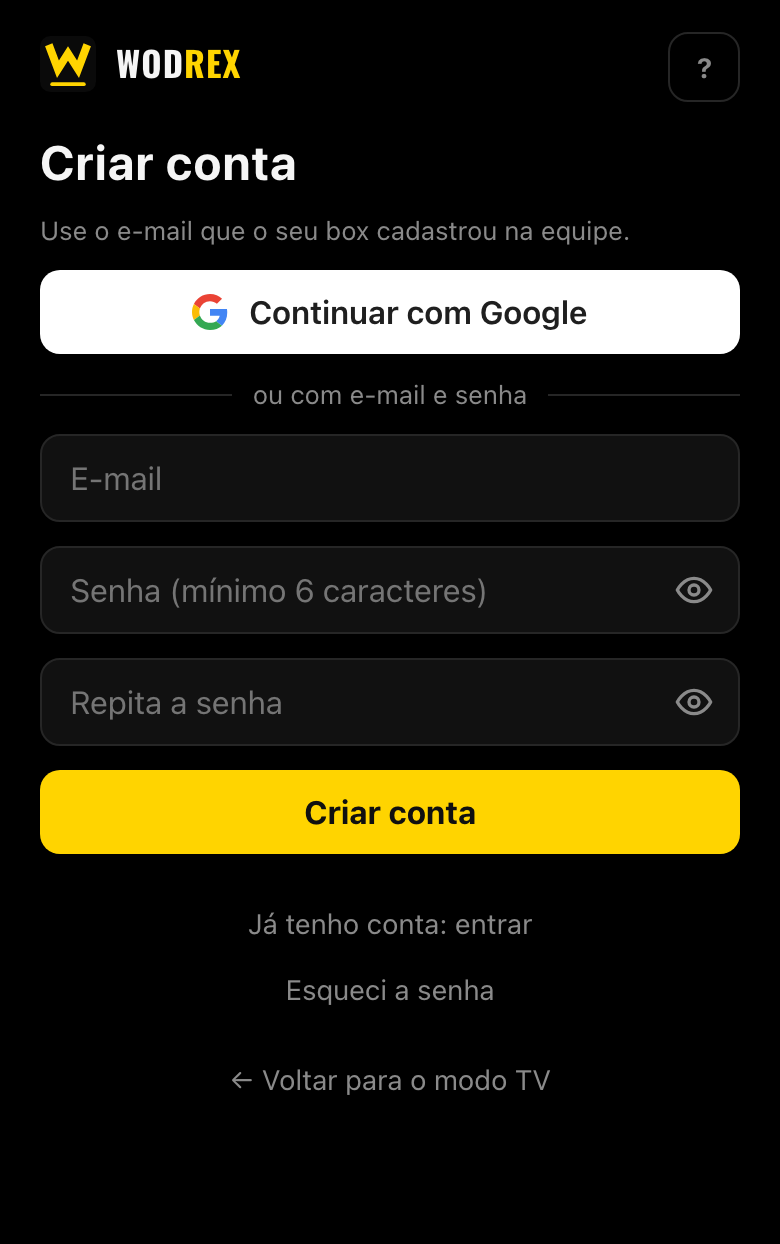 Formulário de criar conta, com e-mail e senha