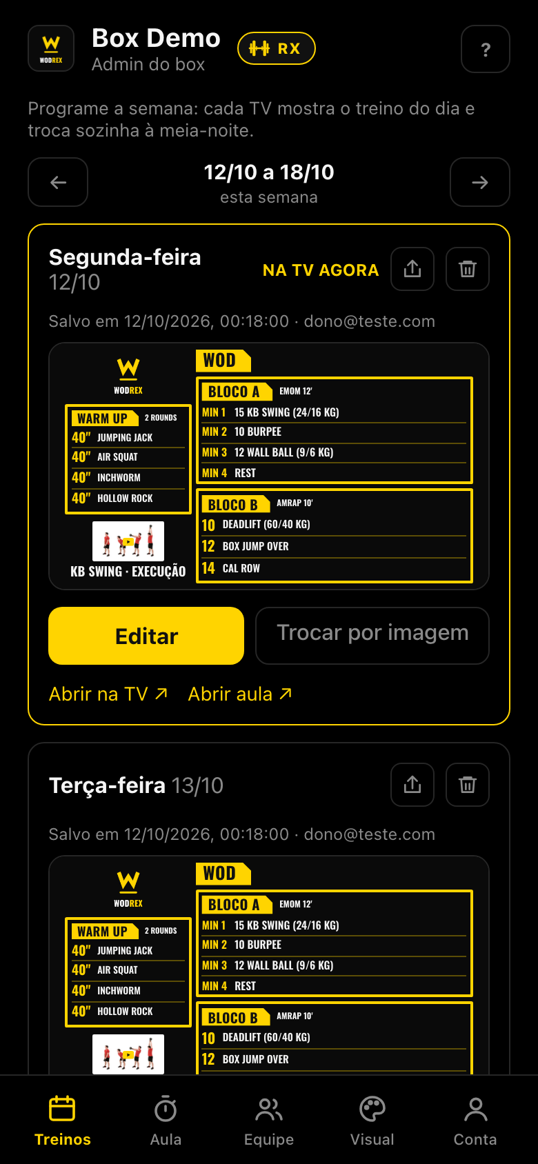 A aba Treinos no celular, com a barra de baixo: Treinos, Aula, Equipe, Visual e Conta