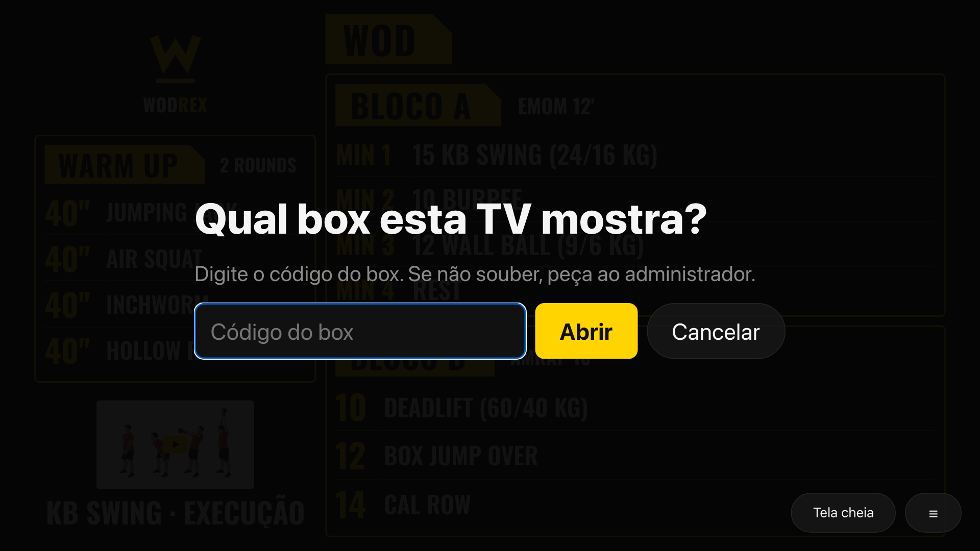A pergunta “Qual box esta TV mostra?” com o campo do código