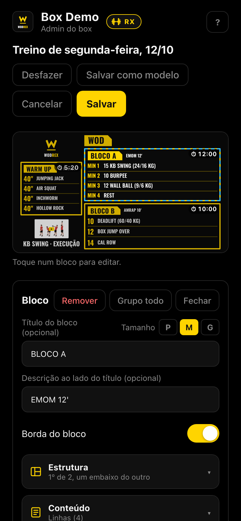 Bloco A selecionado: título, tamanho P/M/G, descrição e borda