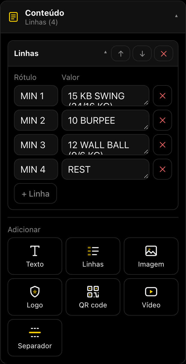 Cartão Conteúdo com as linhas de rótulo e valor do Bloco A e os botões para adicionar itens
