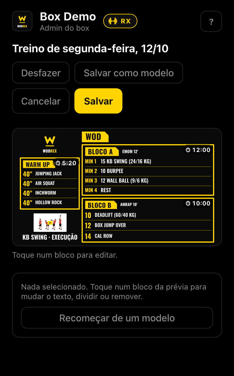 O editor com a prévia do treino no topo