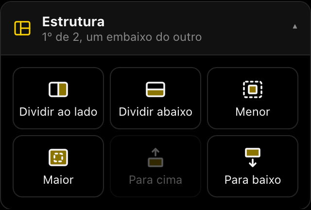 Cartão Estrutura com Dividir ao lado, Dividir abaixo, Menor, Maior e setas