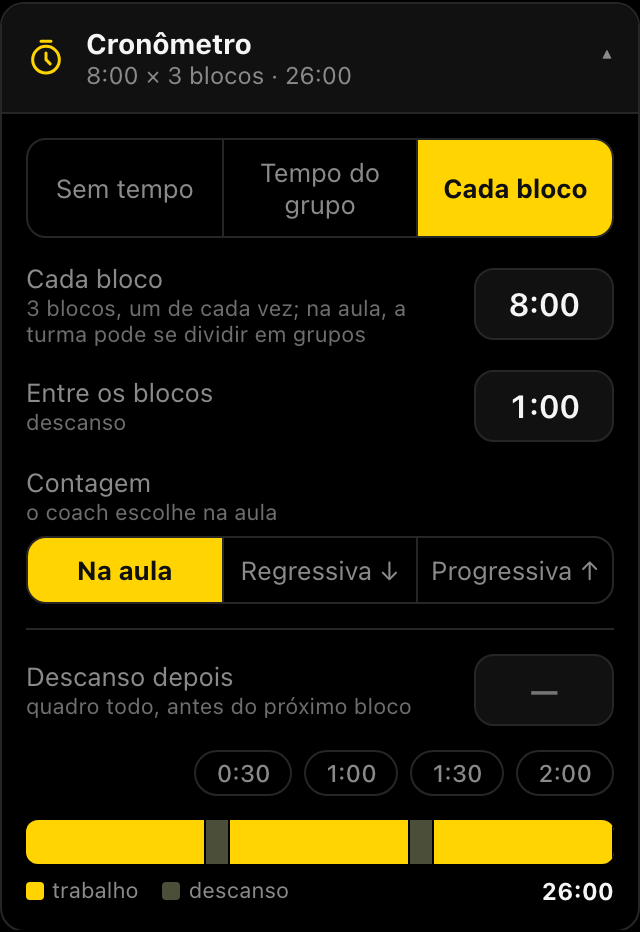 Cartão Cronômetro de um grupo: Cada bloco, 8 minutos por bloco e 1 minuto de descanso entre eles