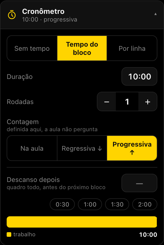Cartão Cronômetro do Bloco B: tempo do bloco de 10 minutos, contagem progressiva